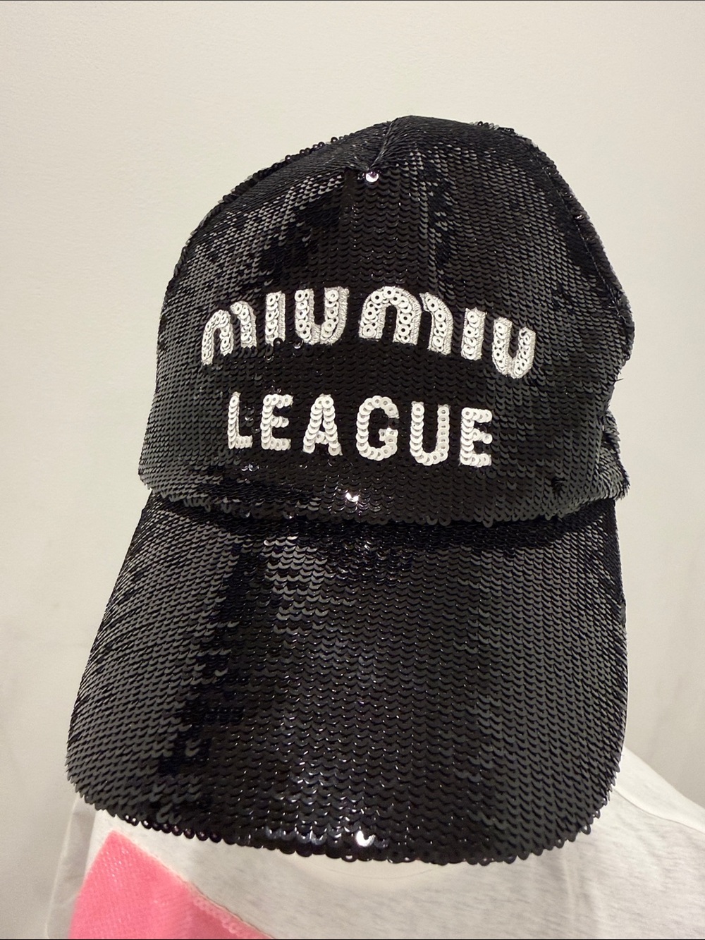Miu Miu Sequin Logo Baseball Cap Black Crystal Embellished Statement Hat NEW